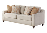 Close-up of beige polyester upholstery and cushion back detail