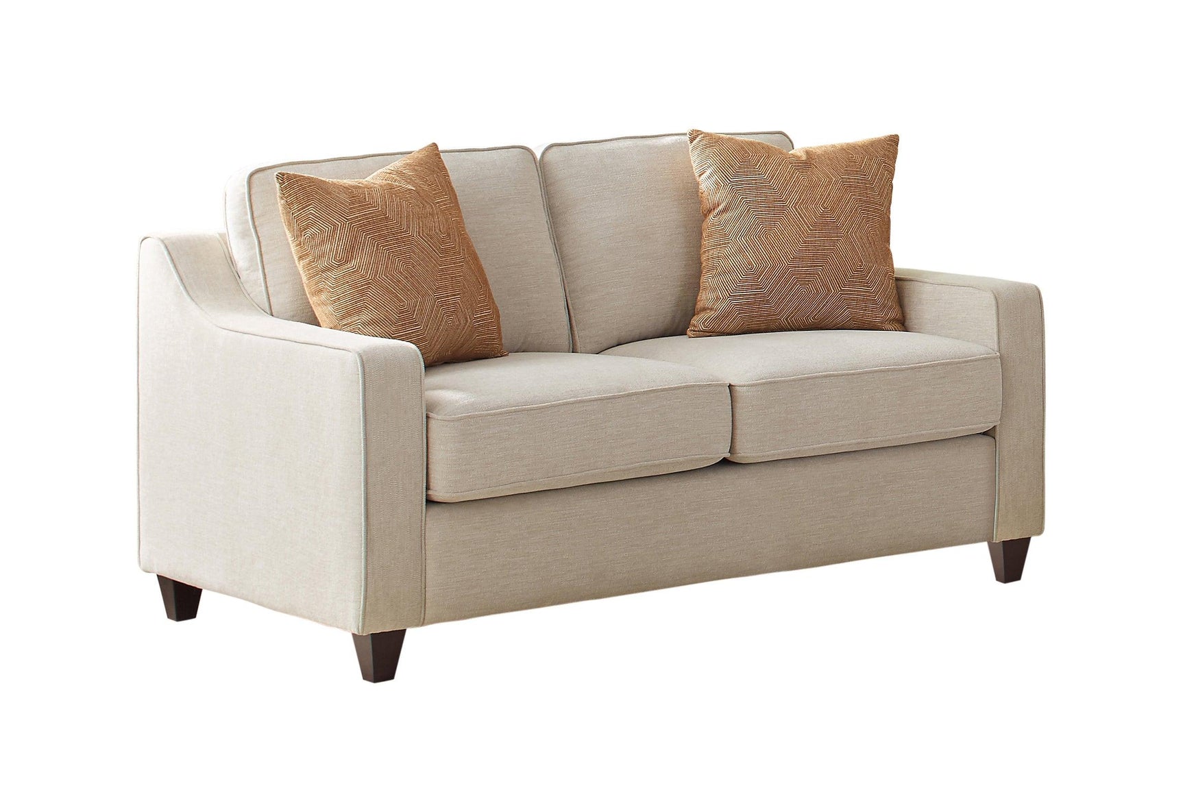 Side view of Christine loveseat with sloped track arms and dark brown legs