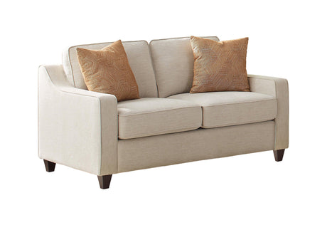 Side view of Christine loveseat with sloped track arms and dark brown legs