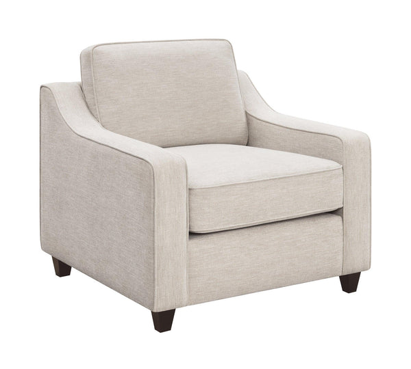 Christine beige upholstered cushion back accent chair front view