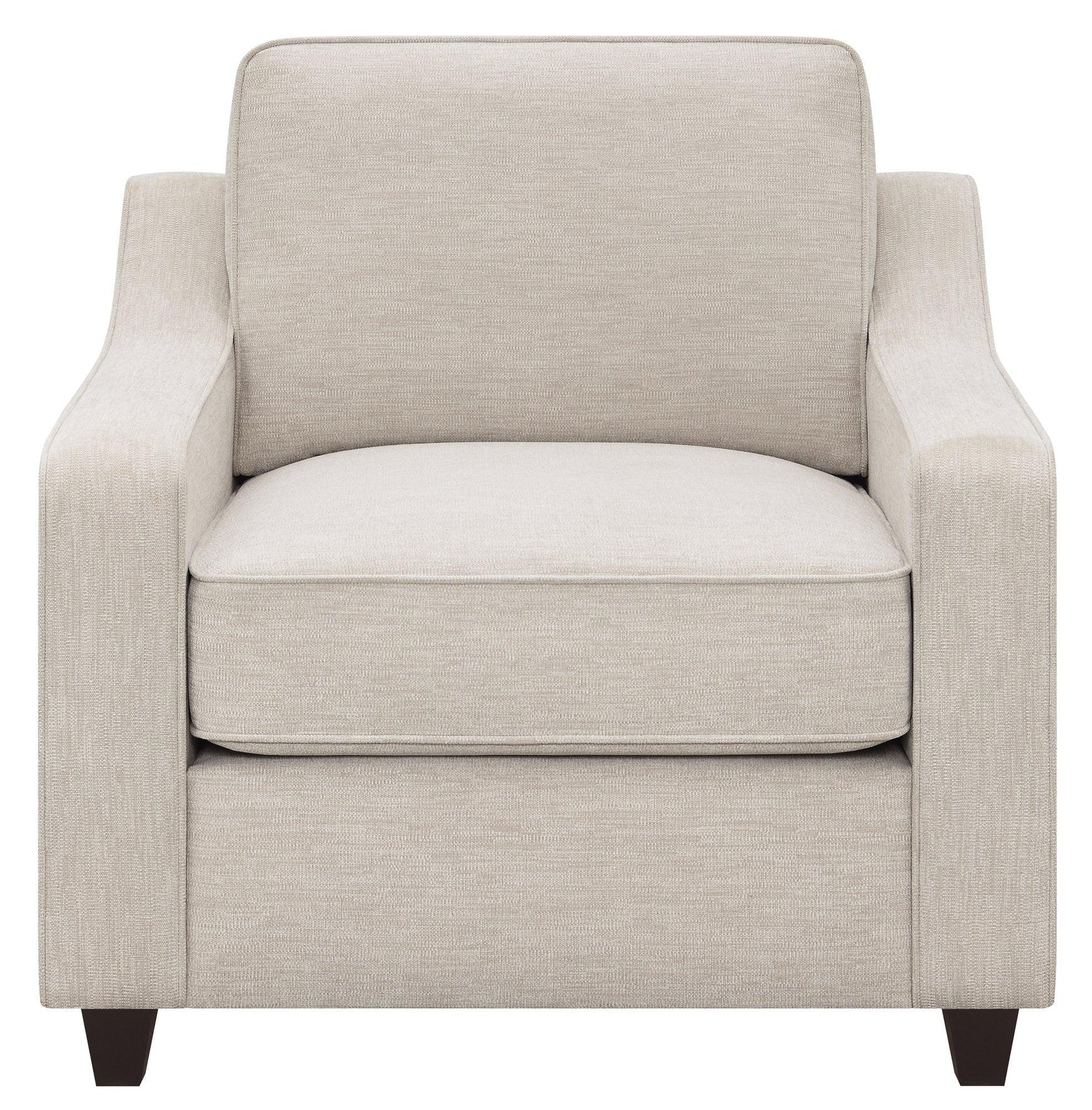 Christine beige upholstered cushion back chair side angle with arms