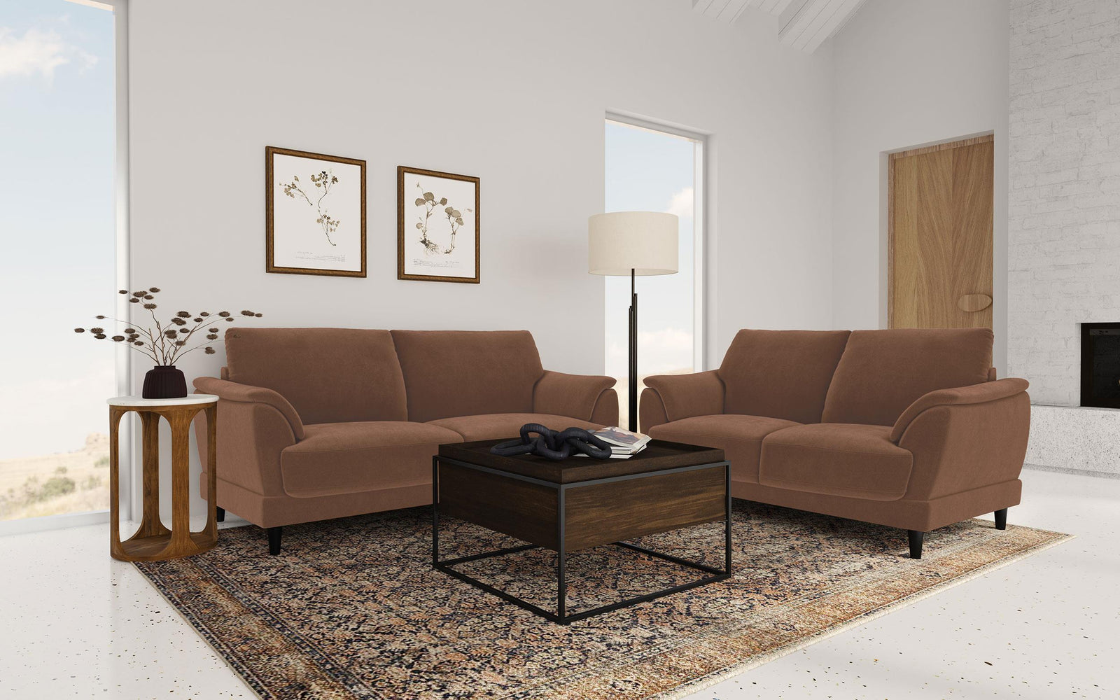 main view of Selma 2-piece Velvet Upholstered Crescent Arm Sofa Set Rust furniture