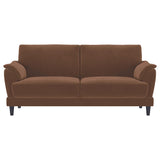 Main angle of Selma loveseat in rust velvet fabric