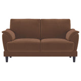 Main sofa view with rust velvet upholstery