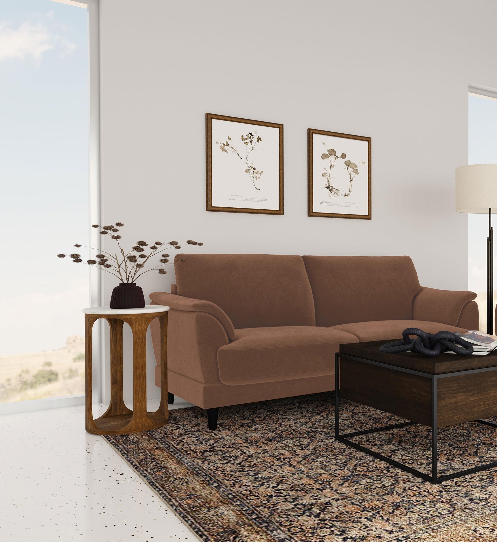 Selma rust velvet crescent arm sofa side angle