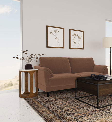 Selma rust velvet crescent arm sofa side angle