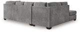 detail view of gray microfiber upholstery and sectional frame