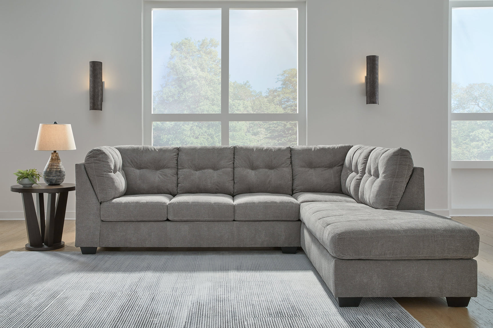 Room setting with Marleton gray microfiber sectional sofa and chaise