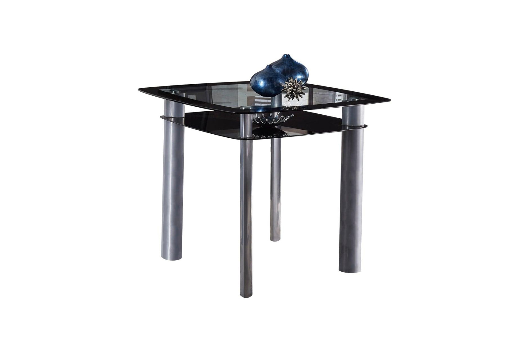 Side view of Sona black faux leather upholstered square glass top counter height dining set