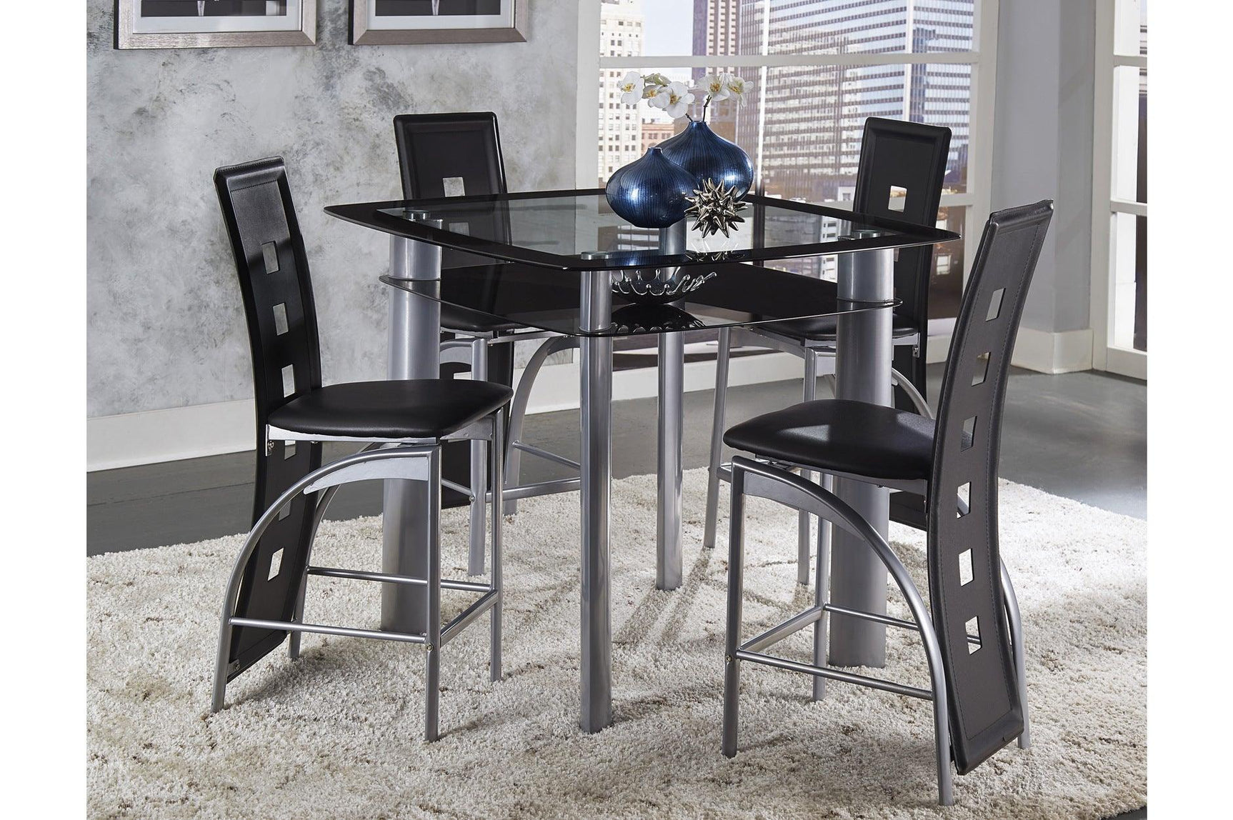 Front view of Sona black faux leather upholstered square glass top counter height dining set