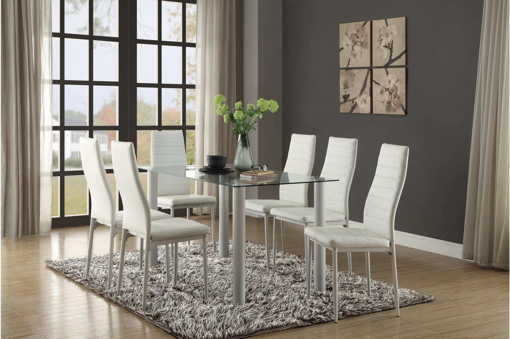 room view of Florian White Faux Leather Glass Top Rectangular Dining Set in dining area