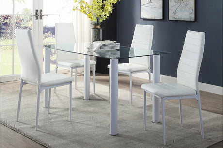 main view of Florian White Faux Leather Glass Top Rectangular Dining Set dining table and chairs