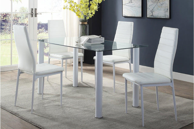 main view of Florian White Faux Leather Glass Top Rectangular Dining Set dining table and chairs