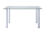 detail view of white faux leather upholstered dining chairs