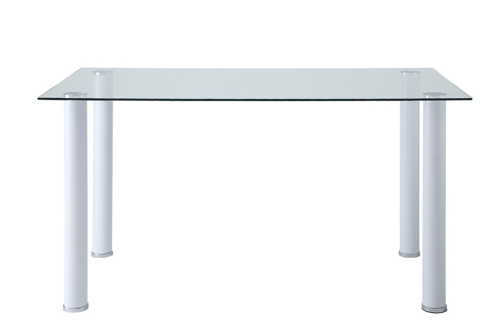 detail view of white faux leather upholstered dining chairs