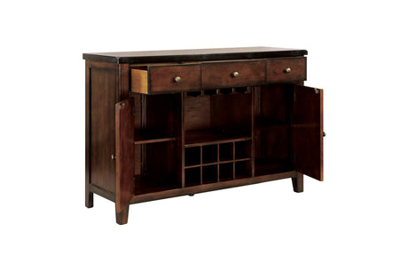Mantello dining room set with rectangular solid wood table and dark brown faux leather seats