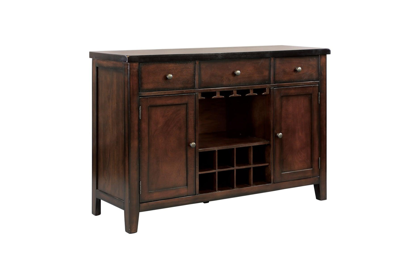 Mantello dining room set with rectangular solid wood table and dark brown faux leather seats