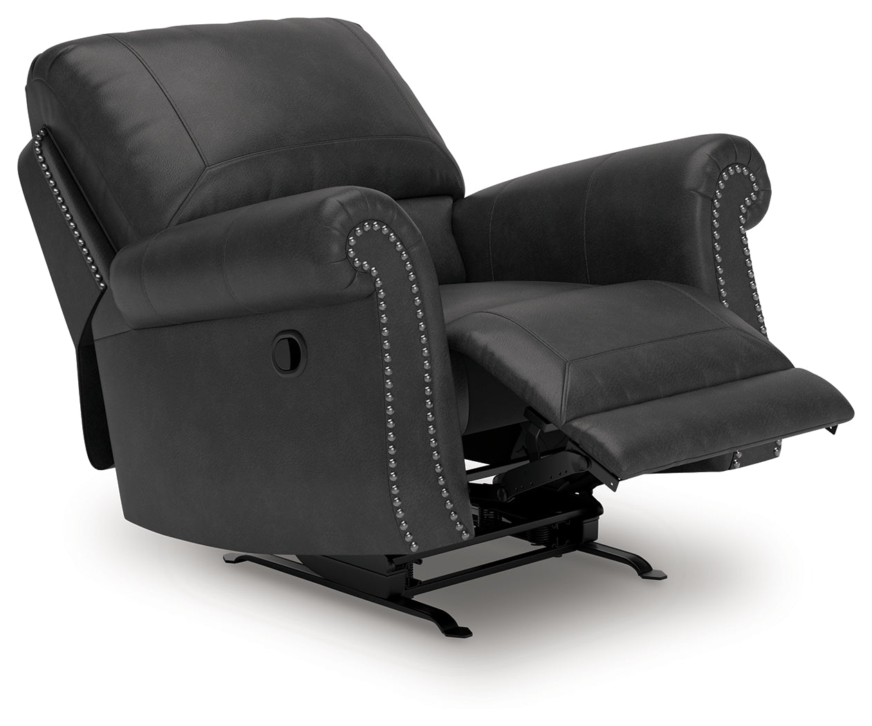 Reclining position of Chasemore Granite Faux Leather Swivel Glider Recliner