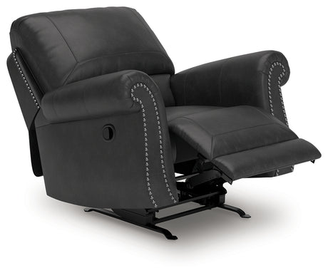 Reclining position of Chasemore Granite Faux Leather Swivel Glider Recliner