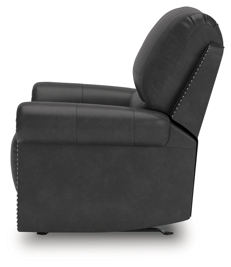 Side reclining angle of Chasemore Granite Faux Leather Swivel Glider Recliner