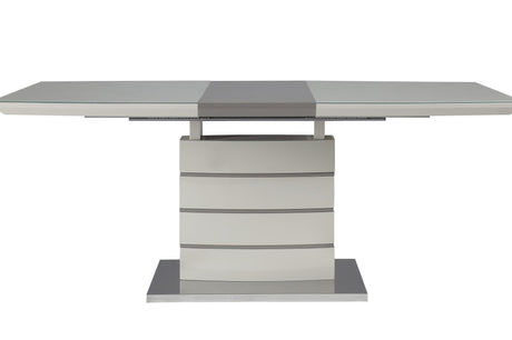 room view of Glissand White Gray Taupe Rectangular Dining Room Set with upholstered side chairs