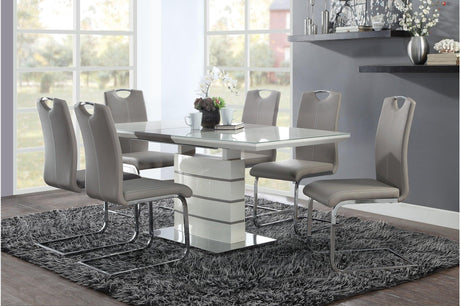 main view of Glissand White Gray Taupe Rectangular Dining Room Set with metal and wood table