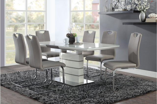 main view of Glissand White Gray Taupe Rectangular Dining Room Set with metal and wood table
