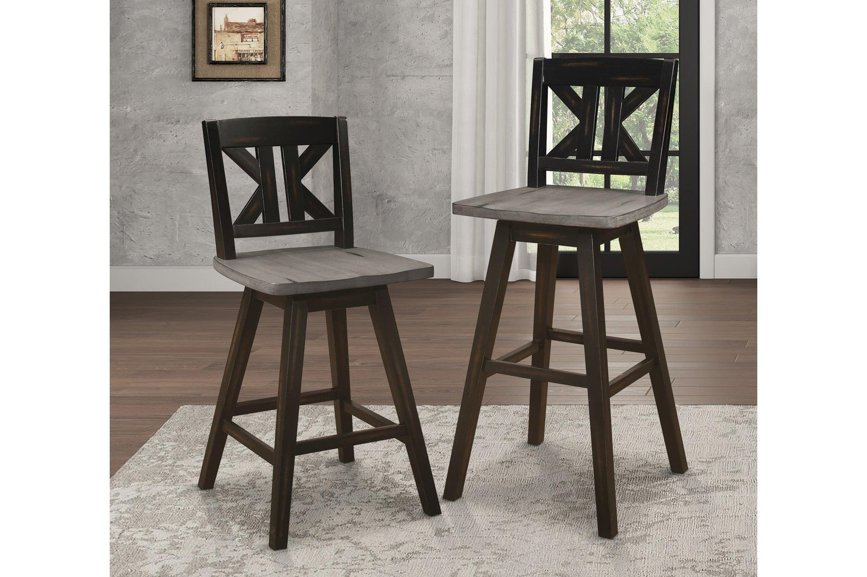 Side view of Amsonia Gray swivel chair and rectangular dining table