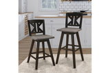 Close-up detail of gray fabric swivel chair and wood table surface