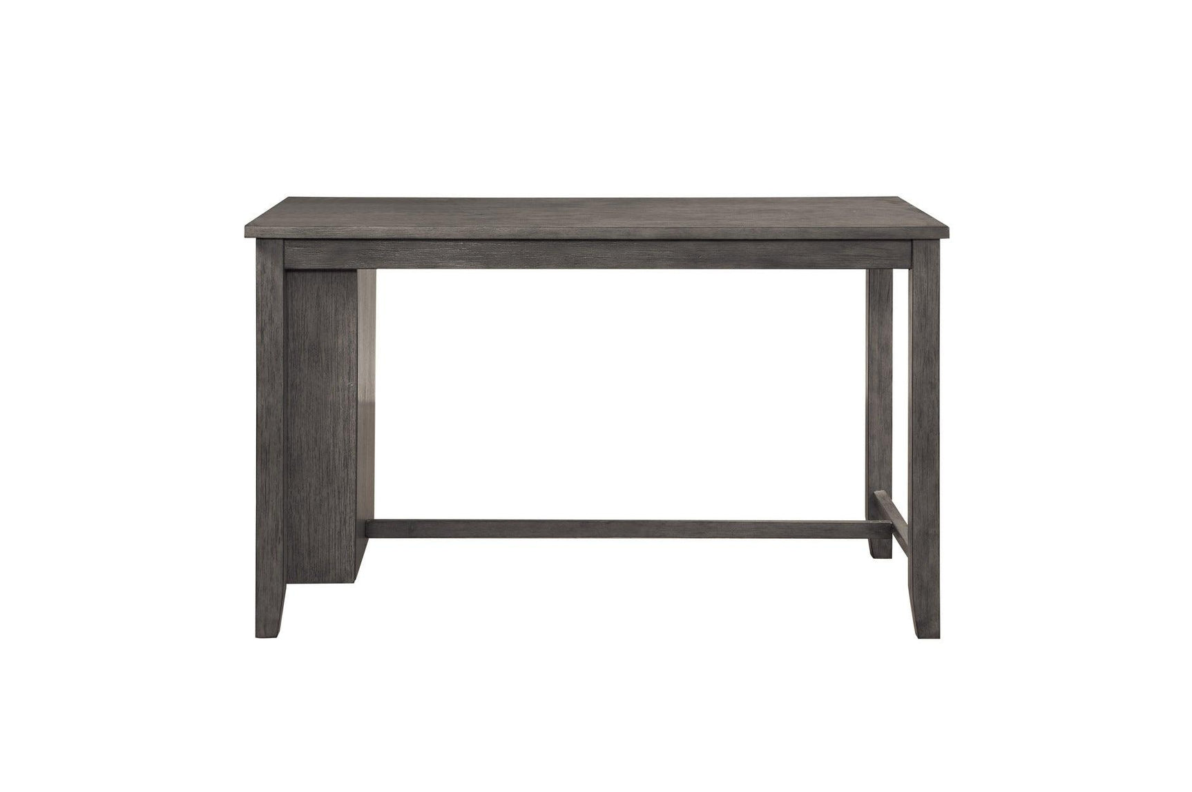 Front view of Timbre rectangular counter height dining table with brown fabric stools