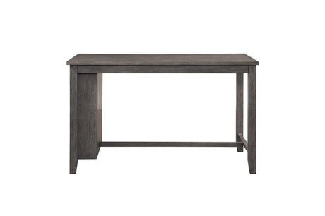 Front view of Timbre rectangular counter height dining table with brown fabric stools