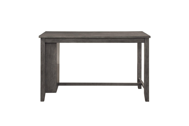 Front view of Timbre rectangular counter height dining table with brown fabric stools