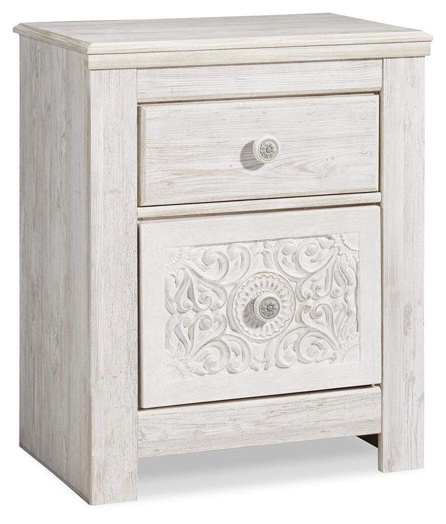 Paxberry Whitewash Two-Drawer Nightstand — angled view