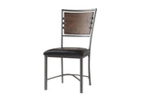 Side detail view of dining chair upholstery and metal frame