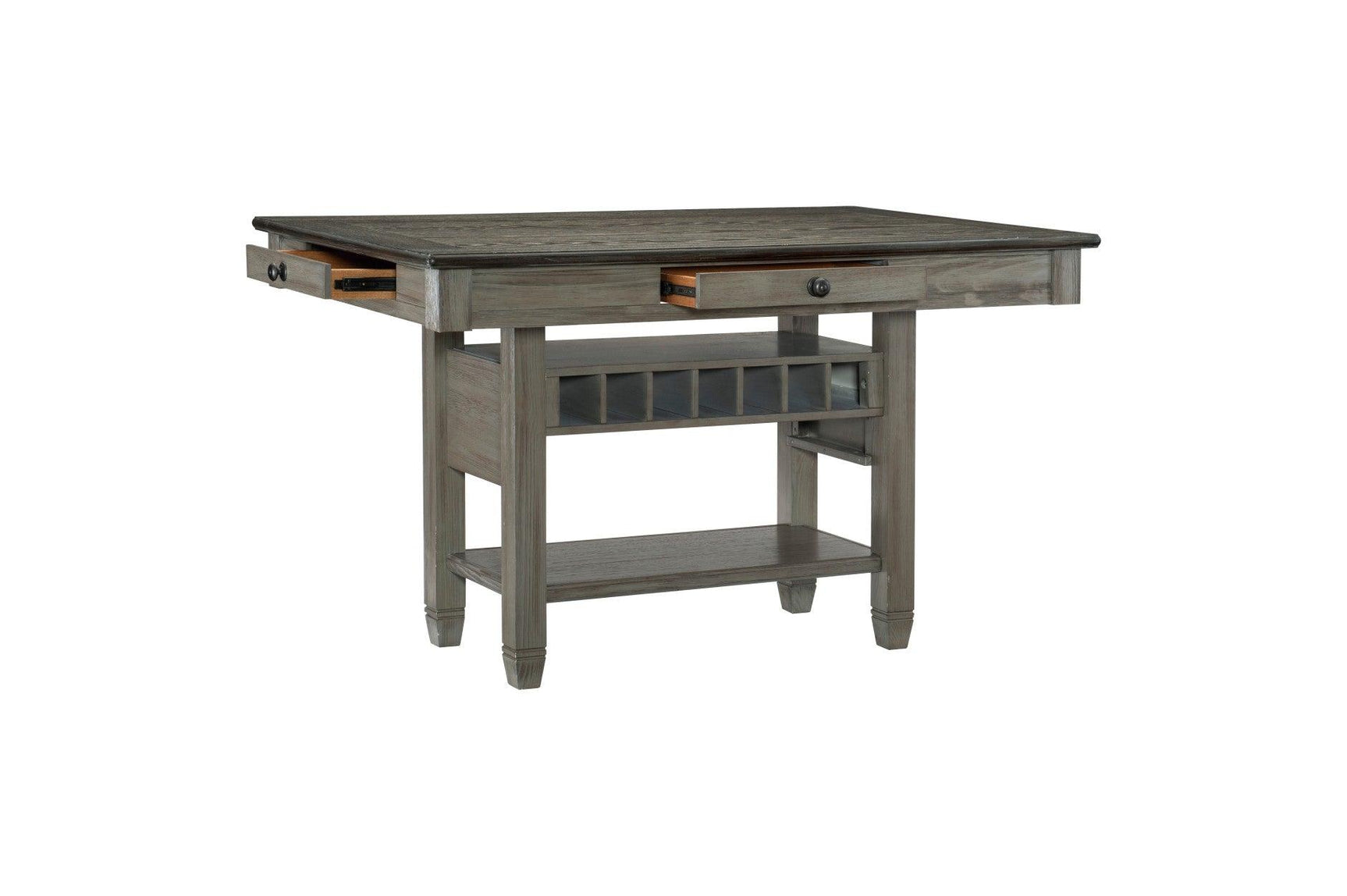 Granby Gray Fabric Upholstered Rectangular Counter Height Dining Set table close-up detail