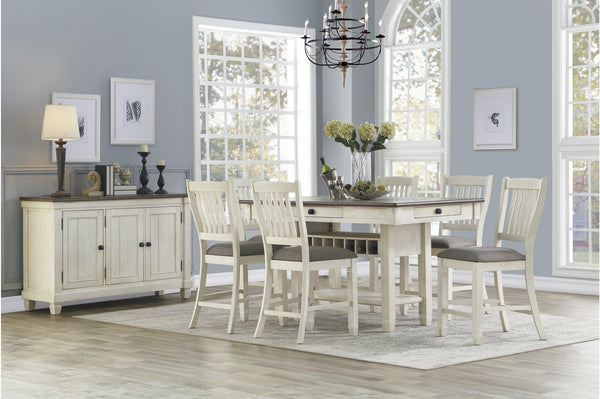 Granby antique white rectangular dining table with rosy brown fabric side chairs, main view