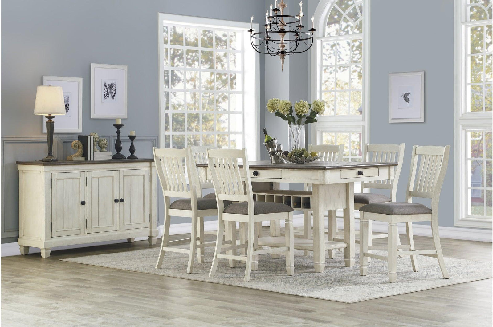 main view of Granby Antique White Rosy Brown Fabric Rectangular Storage Dining Room Set dining room furniture
