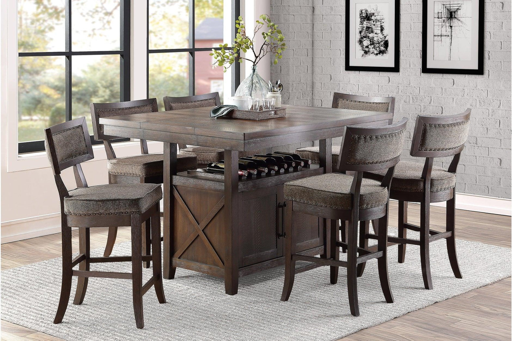 Oxton dining set main view showcasing rustic solid wood table and fabric upholstered storage chairs