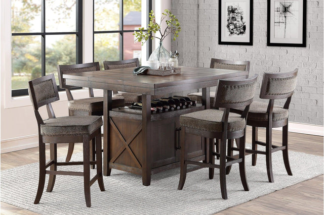 Oxton dining set main view showcasing rustic solid wood table and fabric upholstered storage chairs