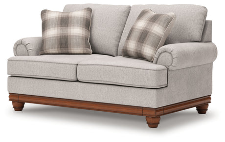Clearbrooke loveseat front angle view showing sandstone chenille upholstery