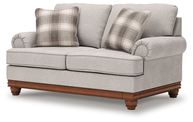 Clearbrooke loveseat front angle view showing sandstone chenille upholstery