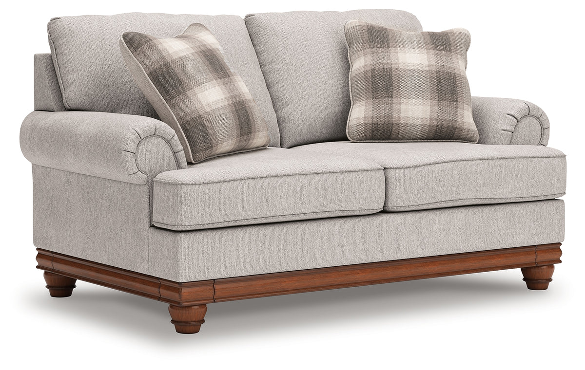 Clearbrooke loveseat head-on view showing cushions and legs