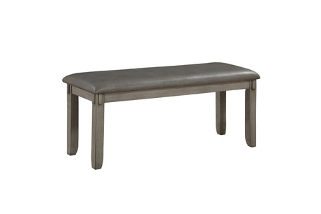 Side view of dining bench upholstered in gray faux leather