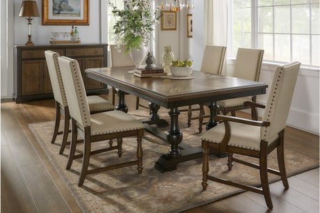 Stonington dining table front view with beige fabric chairs