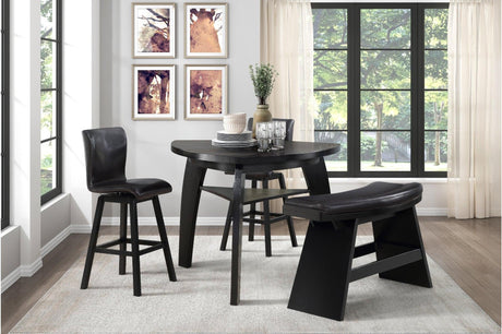 Hillshaw Dark Cherry triangular dining table with 4 faux leather upholstered side chairs