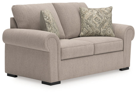 Sararose Heather chenille loveseat angled view showing roll arm