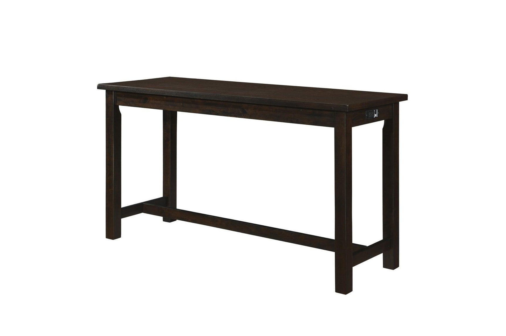 Detail view of espresso wood and fabric upholstery on dining set