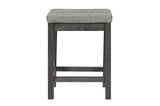 Front view of dining chair with gray fabric upholstery