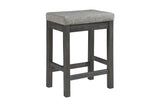 Side view of dining chair with gray fabric upholstery
