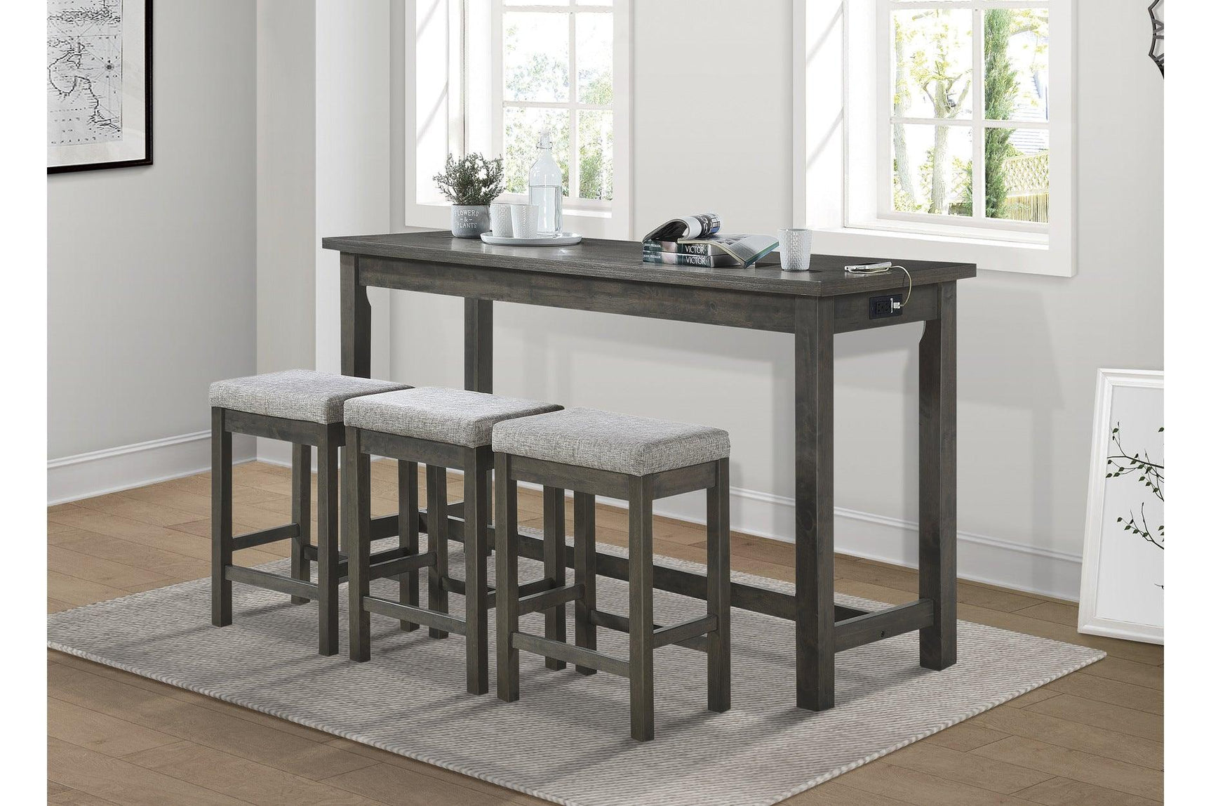 Side view of Connected Gray Fabric Rectangular Counter Height Dining Set